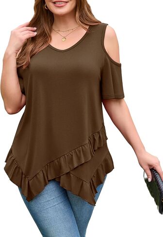 Womens Plus Size Tunic Shirts Cold Shoulder Short Sleeves V Neck Loose Tops Ruffled Hem Casual Flowy Dressy Blouses in Saudi Arabia