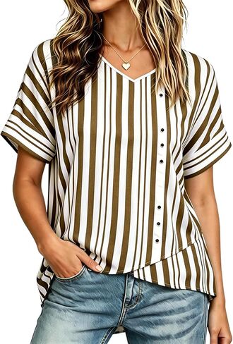 LOZ Womens Short Sleeve Tops Striped V Neck Double Layer Hem Dressy Casual Blouse Summer Vacation Fashion Clothing 2026 in Saudi Arabia