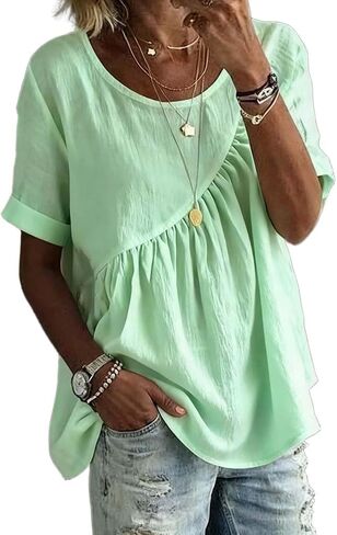 Womens Tunic Tops Spring Summer Crew Neck Short Sleeve Shirts Asymmetrical Pleated Flowy Casual Loose Blouses in Saudi Arabia