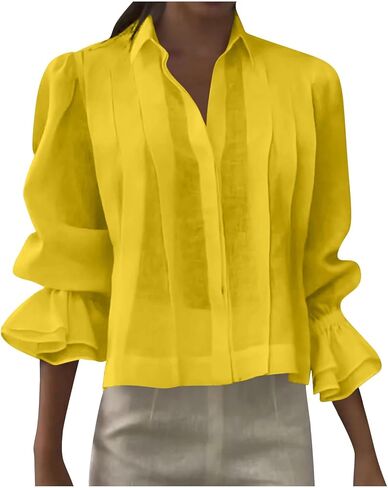 Womens Puff Long Sleeve Button Down Cropped Shirts Cotton Linen Pleated Babydoll Blouses Casual Loose Fit Tops in Saudi Arabia