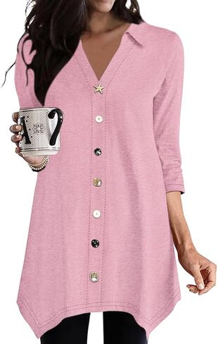 Poetsky 3/4 Sleeve Tunic Tops for Women for Leggings Lapel V Neck Buttons Shirts Hi Lo Long Blouses Shirts Dressy Casual in Kuwait