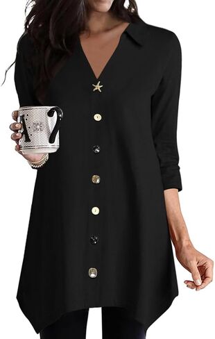 Poetsky 3/4 Sleeve Tunic Tops for Women for Leggings Lapel V Neck Buttons Shirts Hi Lo Long Blouses Shirts Dressy Casual in Kuwait