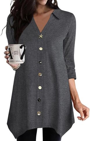 Poetsky 3/4 Sleeve Tunic Tops for Women for Leggings Lapel V Neck Buttons Shirts Hi Lo Long Blouses Shirts Dressy Casual in Kuwait