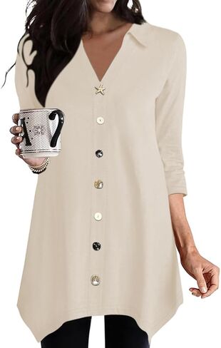 Poetsky 3/4 Sleeve Tunic Tops for Women for Leggings Lapel V Neck Buttons Shirts Hi Lo Long Blouses Shirts Dressy Casual in Kuwait