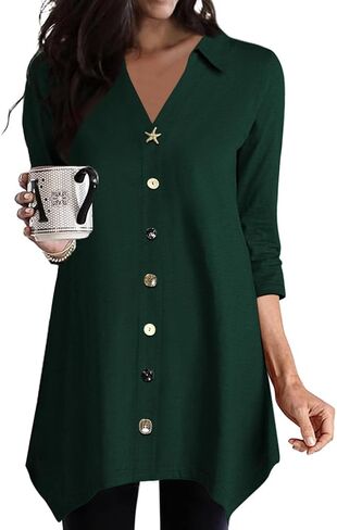 Poetsky 3/4 Sleeve Tunic Tops for Women for Leggings Lapel V Neck Buttons Shirts Hi Lo Long Blouses Shirts Dressy Casual in Kuwait