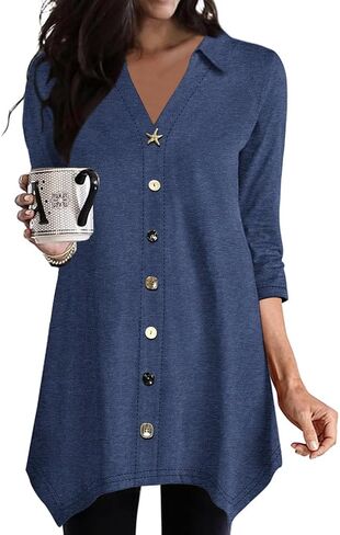 Poetsky 3/4 Sleeve Tunic Tops for Women for Leggings Lapel V Neck Buttons Shirts Hi Lo Long Blouses Shirts Dressy Casual in Kuwait