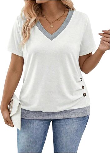 SOLY HUX Women's Plus Size T Shirts V Neck Short Sleeve Tunic Tops Side Button Casual Tees in Kuwait