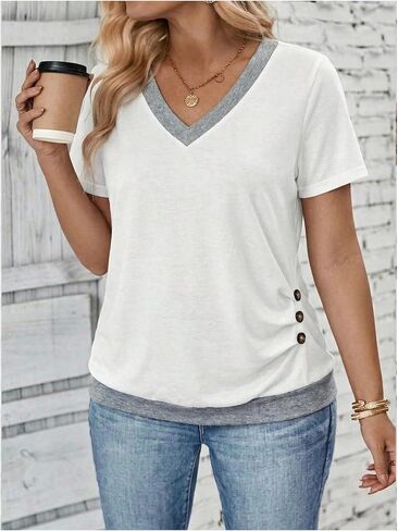 SOLY HUX Women's Plus Size T Shirts V Neck Short Sleeve Tunic Tops Side Button Casual Tees in Kuwait