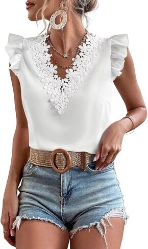 Falechay Womens Summer Tops cute Floral V neck blouses short ruffle sleeve trendy shirts dressy casual Elegant flowy clothes in Kuwait
