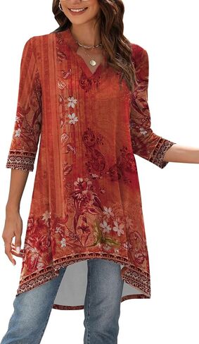 Naggoo Women's 3/4 Sleeve Notch V Neck High Low Loose Fit Long Tunic Tops Shirts Blouses M-3XL in Saudi Arabia