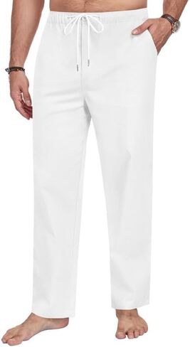 Men's Cotton Linen Pants Casual Loose Fit Elastic Waist Drawstring Trousers Summer Vacation Beach Pant with Pockets in Saudi Arabia