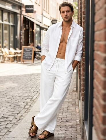 Men's Cotton Linen Pants Casual Loose Fit Elastic Waist Drawstring Trousers Summer Vacation Beach Pant with Pockets in Saudi Arabia