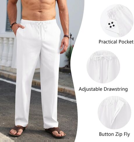Men's Cotton Linen Pants Casual Loose Fit Elastic Waist Drawstring Trousers Summer Vacation Beach Pant with Pockets in Saudi Arabia
