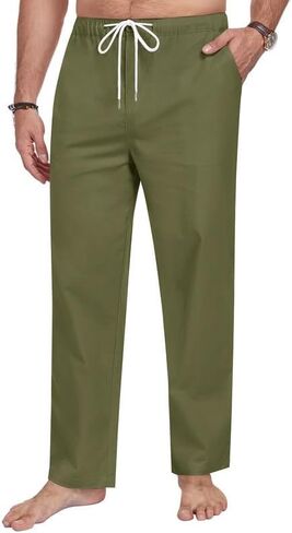 Men's Cotton Linen Pants Casual Loose Fit Elastic Waist Drawstring Trousers Summer Vacation Beach Pant with Pockets in Saudi Arabia