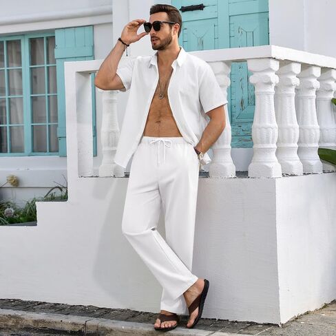 Men's Cotton Linen Pants Casual Loose Fit Elastic Waist Drawstring Trousers Summer Vacation Beach Pant with Pockets in Saudi Arabia