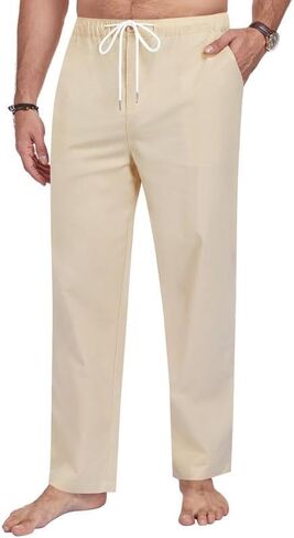 Men's Cotton Linen Pants Casual Loose Fit Elastic Waist Drawstring Trousers Summer Vacation Beach Pant with Pockets in Saudi Arabia