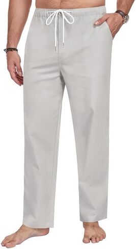 Men's Cotton Linen Pants Casual Loose Fit Elastic Waist Drawstring Trousers Summer Vacation Beach Pant with Pockets in Saudi Arabia
