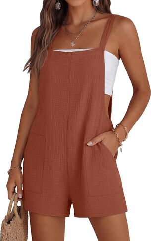 Huukeay Women's Linen Rompers Summer Loose Fit Square Neck Sleeveless Overalls Casual Beach Vacation Short Jumpsuits in Saudi Arabia