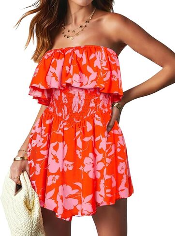 AIMCOO Women's Rompers Summer Strapless Floral Print Off Shoulder Boho Flowy Ruffle Hem Shorts Jumpsuit with Pocket in Saudi Arabia