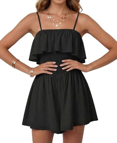 AIMCOO Women's Rompers Summer Strapless Floral Print Off Shoulder Boho Flowy Ruffle Hem Shorts Jumpsuit with Pocket in Saudi Arabia