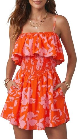 AIMCOO Women's Rompers Summer Strapless Floral Print Off Shoulder Boho Flowy Ruffle Hem Shorts Jumpsuit with Pocket in Saudi Arabia