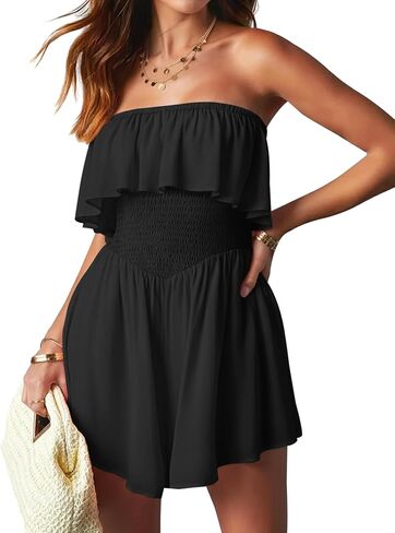 AIMCOO Women's Rompers Summer Strapless Floral Print Off Shoulder Boho Flowy Ruffle Hem Shorts Jumpsuit with Pocket in Saudi Arabia