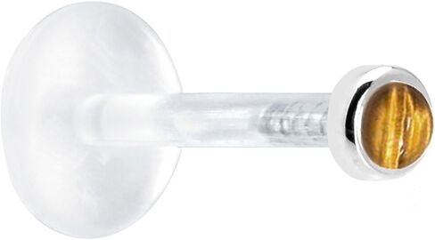 Body Candy Solid 14k White Gold 2mm Genuine Tiger Eye Bioplast Push in Labret 16 Gauge 3/8" in Kuwait