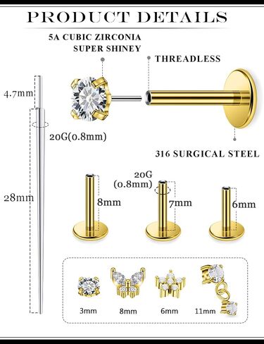 20G 18G 16G Threadless Flat Back Earrings Nose Studs 316L Surgical Steel Tragus Forward Helix Conch Cartilage Lobe Earrings Stud Medusa Labret Monroe Lip Ring Piercing Jewelry For Women Men in Kuwait
