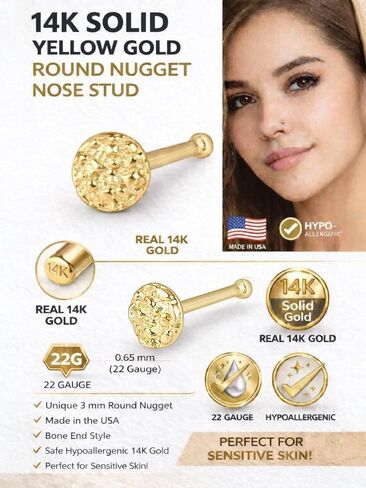 OROFELIZ Nugget Nose Stud 14K Gold Round Shape 22 Gauge with Bone End 3mm Unisex Men's Women's Nostril Piercing Stud in Kuwait