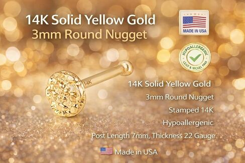 OROFELIZ Nugget Nose Stud 14K Gold Round Shape 22 Gauge with Bone End 3mm Unisex Men's Women's Nostril Piercing Stud in Kuwait