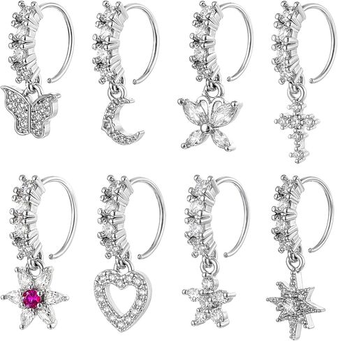 8 Pack Dangle Nose Ring, Dangling Nose Ring, Variety Set for Daily Wear and Special Occasions, Hypoallergenic Stainless Steel Body Jewelry with Secure Closure in Saudi Arabia