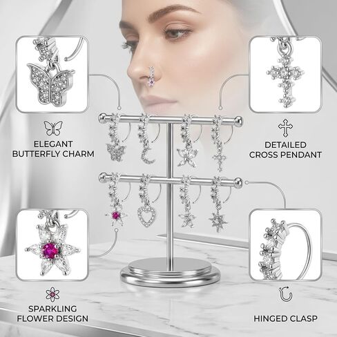 8 Pack Dangle Nose Ring, Dangling Nose Ring, Variety Set for Daily Wear and Special Occasions, Hypoallergenic Stainless Steel Body Jewelry with Secure Closure in Saudi Arabia