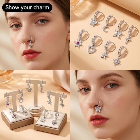8 Pack Dangle Nose Ring, Dangling Nose Ring, Variety Set for Daily Wear and Special Occasions, Hypoallergenic Stainless Steel Body Jewelry with Secure Closure in Saudi Arabia
