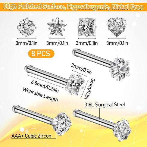 8pcs 316L Surgical Steel Nose Piercings Jewelry 20G Nose Rings Studs For Women, 3mm CZ & Opal Nose Ring Noses Studs 20 Gauge Noses Screw Stud in Saudi Arabia