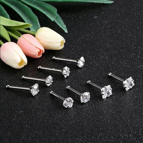 8pcs 316L Surgical Steel Nose Piercings Jewelry 20G Nose Rings Studs For Women, 3mm CZ & Opal Nose Ring Noses Studs 20 Gauge Noses Screw Stud in Saudi Arabia