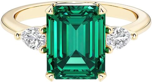 14K Solid Gold 2 Cts Emerald Cut Lab Grown Emerald & Pear Diamond 3 Stone Engagement Ring for Women, May Birthstone, Comfort Fit, Promise, Wedding, Anniversary, Birthday Gift, w/ Jewelry Box, Sz 4-10 in Saudi Arabia