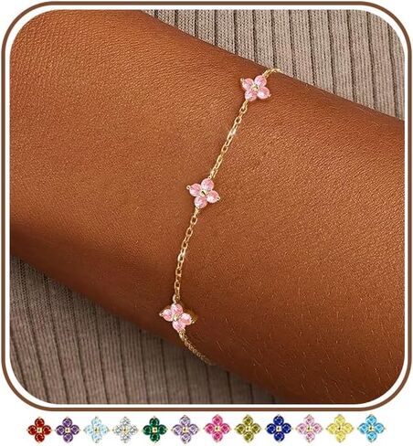 Clover Birthstone Gold Bracelets for Women Trendy Non Tarnish Dainty 14K Gold Plated Stackable Cute Charm Friendship Bracelet Stack Wedding Prom Gold Jewelry Birthday Gift for Best Friend in Kuwait