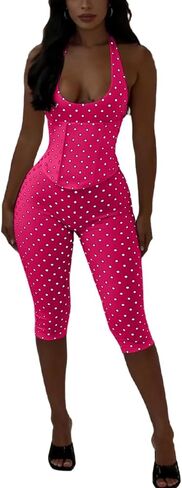 Sexy Jumpsuit for Women Polka Dot Print Halter Neck Backless Back Cross Tie Up Bodycon Rompers Date Night Club Outfits in Saudi Arabia