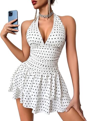 Avidlove Women's Summer Dress V Neck Ruffle Hem Mini Dress Ruched Waist Short Party Club Dress in Saudi Arabia