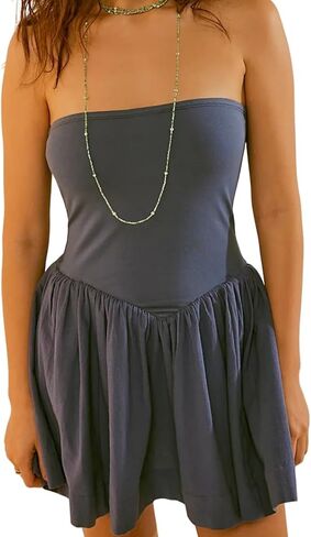 Summer Solid Strapless Mini Dress for Women Tube Top Dresses Patchwork Pleated Drop Waist Flared Beach Dress in Saudi Arabia