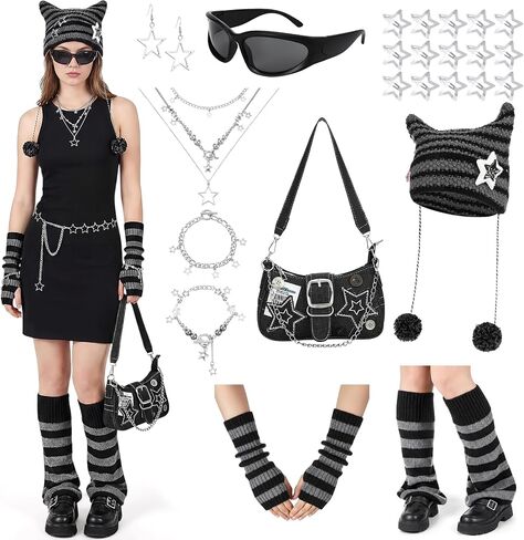 Kenning Y2k Accessories Set Included Leg and Arm Warmers, Star Bag, Cat Ear Hat, Y2k Layered Bracelet Necklace, Hip Hop Pants Chain, Sunglasses, Star Hair Clip, Earrings Vintage Jewelry for Women in Saudi Arabia