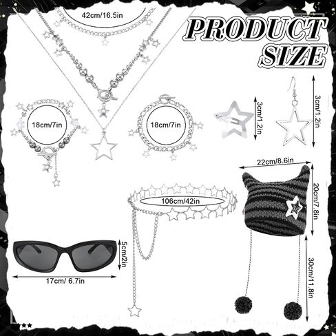 Kenning Y2k Accessories Set Included Leg and Arm Warmers, Star Bag, Cat Ear Hat, Y2k Layered Bracelet Necklace, Hip Hop Pants Chain, Sunglasses, Star Hair Clip, Earrings Vintage Jewelry for Women in Saudi Arabia