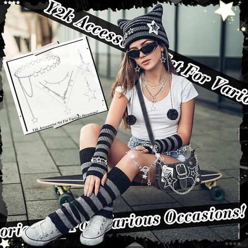 Kenning Y2k Accessories Set Included Leg and Arm Warmers, Star Bag, Cat Ear Hat, Y2k Layered Bracelet Necklace, Hip Hop Pants Chain, Sunglasses, Star Hair Clip, Earrings Vintage Jewelry for Women in Saudi Arabia