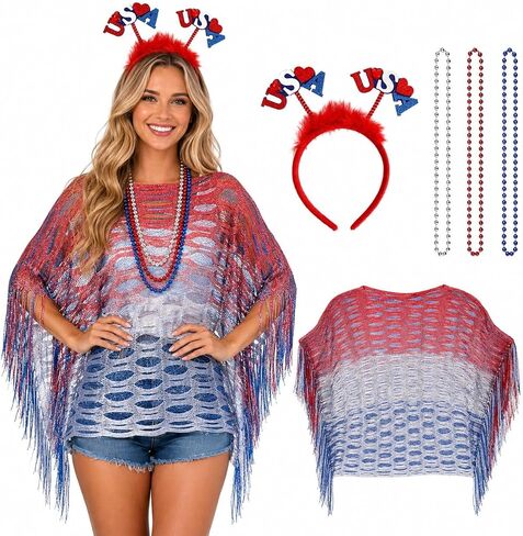 250 Anniversary USA Costumes Patriotic 4th of July Outfits for Women Set Red White and Blue Accessories with Cape Ruana Shawl Headband Beaded Necklaces Americana Festival Apparel in Saudi Arabia