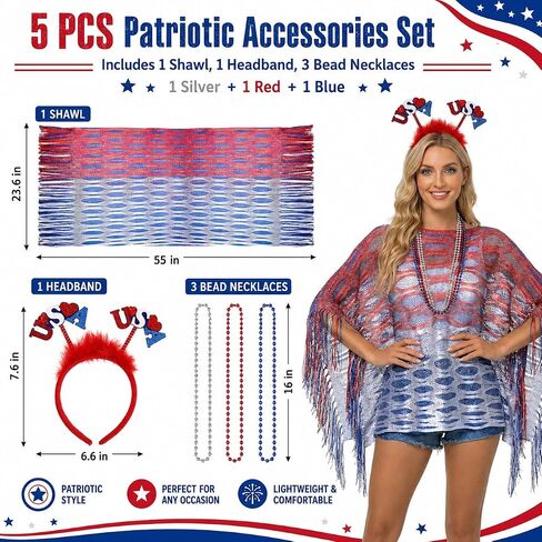 250 Anniversary USA Costumes Patriotic 4th of July Outfits for Women Set Red White and Blue Accessories with Cape Ruana Shawl Headband Beaded Necklaces Americana Festival Apparel in Saudi Arabia