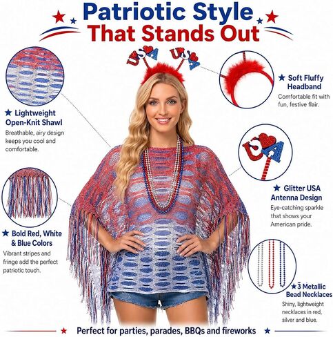 250 Anniversary USA Costumes Patriotic 4th of July Outfits for Women Set Red White and Blue Accessories with Cape Ruana Shawl Headband Beaded Necklaces Americana Festival Apparel in Saudi Arabia