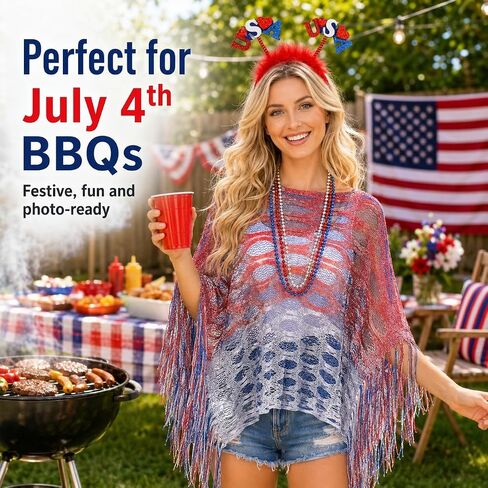250 Anniversary USA Costumes Patriotic 4th of July Outfits for Women Set Red White and Blue Accessories with Cape Ruana Shawl Headband Beaded Necklaces Americana Festival Apparel in Saudi Arabia