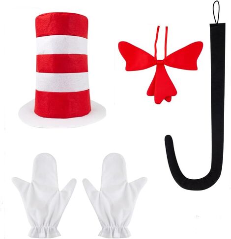 Cat Costume Set, Red and White Striped Top Hat, Bow Tie, White Gloves, Black Tail,One Size Fit Most in Saudi Arabia
