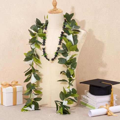 Yinder 2 Pcs Hawaiian Graduation Leis, 63" Maile and White Tuberose Necklace Lei, 32" Black Kukui Nut Leis 2026 Grad Gift for High School College Women Men Hawaiian Luau Aloha Summer Party Favors in Kuwait