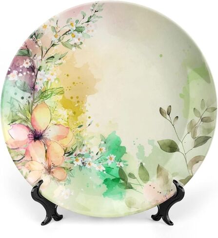 Decorative Plates, Watercolor Spring Floral Painting Ceramic Plate, Wobble-Plate with Display Stand, Home Decor for Living Room Bedroom, Farmhouse Wall Hanging Round Plate Sign 10 Inch in Kuwait